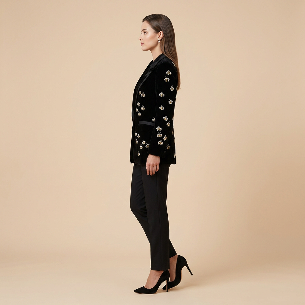 Bee Embellished Velvet Blazer for Executive Evenings and Statement Luxury Women-Vyana Collective