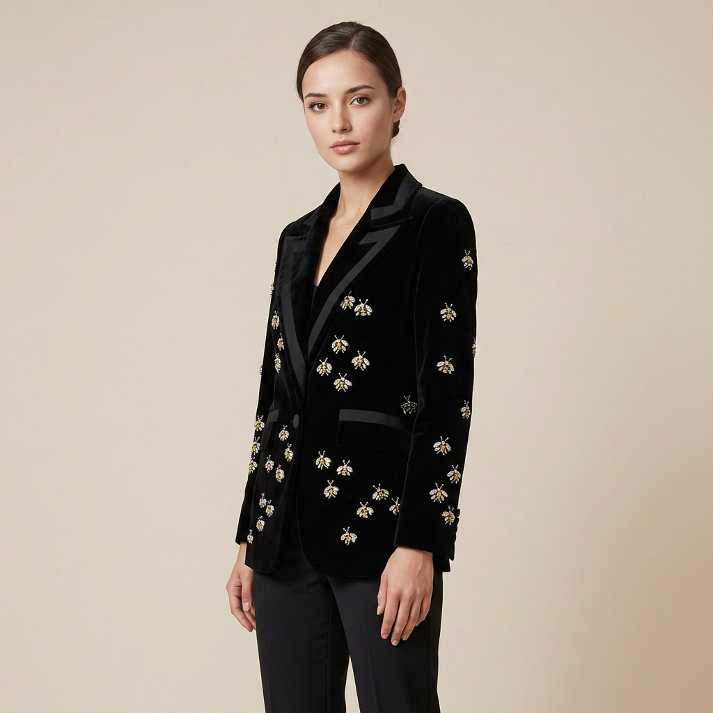 Bee Embellished Velvet Blazer for Executive Evenings and Statement Luxury Women-Vyana Collective