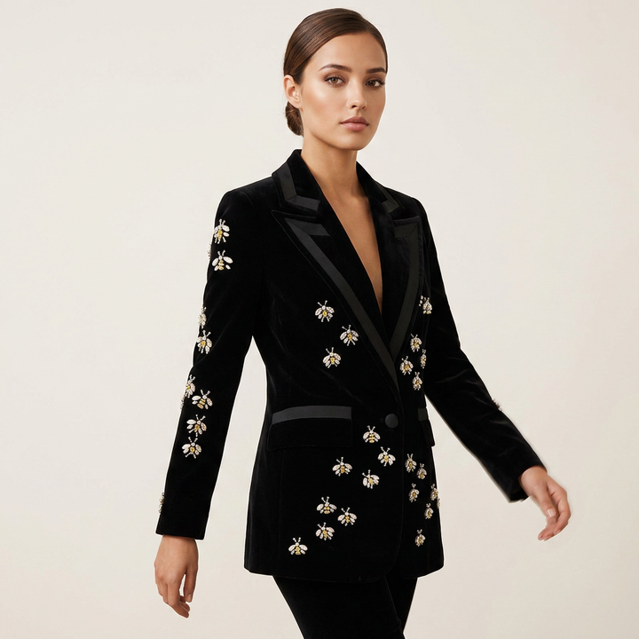 Bee Embellished Velvet Blazer for Executive Evenings and Statement Luxury Women-Vyana Collective