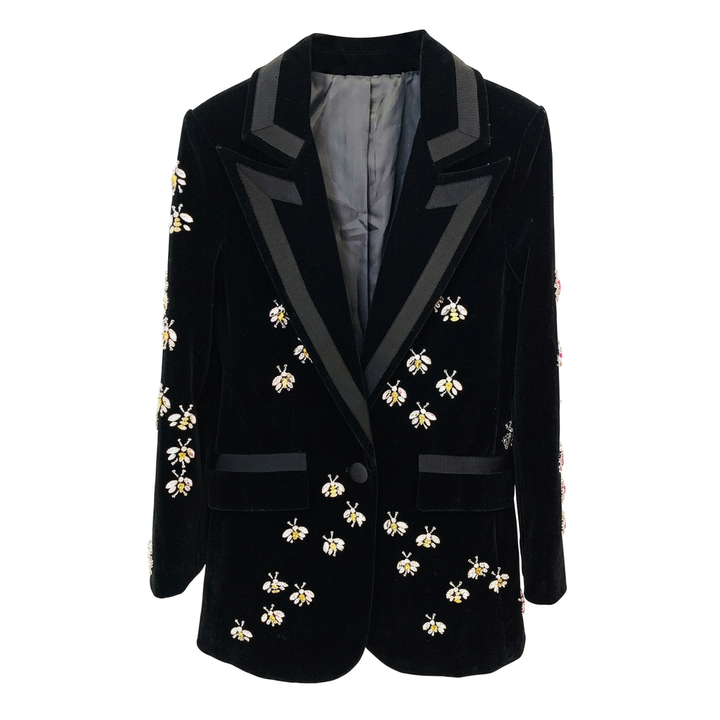 Bee Embellished Velvet Blazer for Executive Evenings and Statement Luxury Women-Vyana Collective