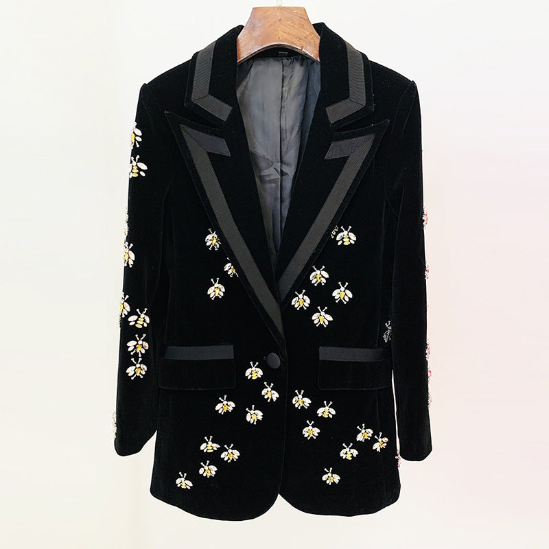 Bee Embellished Velvet Blazer for Executive Evenings and Statement Luxury Women-Vyana Collective