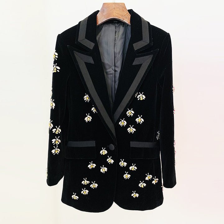 Bee Embellished Velvet Blazer for Executive Evenings and Statement Luxury Women-Vyana Collective