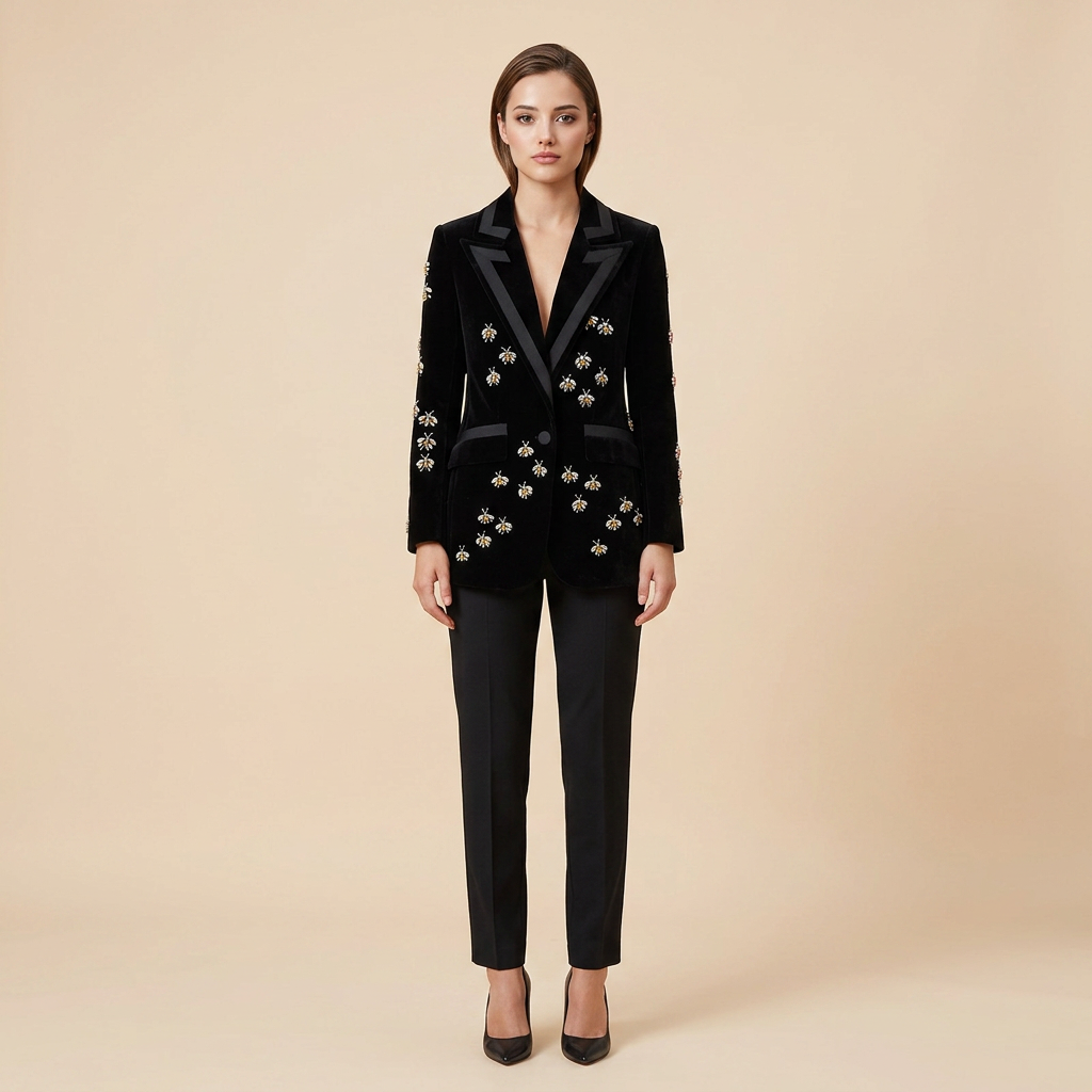 Bee Embellished Velvet Blazer for Executive Evenings and Statement Luxury Women-Vyana Collective