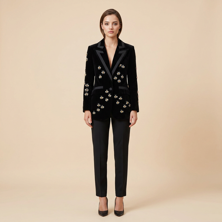 Bee Embellished Velvet Blazer for Executive Evenings and Statement Luxury Women-Vyana Collective