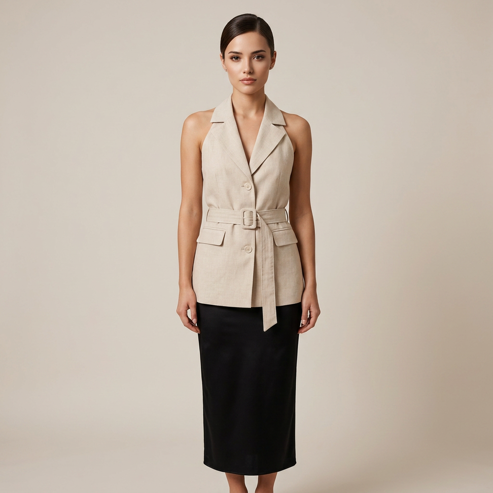 Beige Belted Sleeveless Vest for Meetings Ready and Modern Office Style Women-Vyana Collective