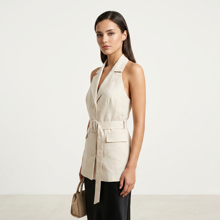 Beige Belted Sleeveless Vest for Meetings Ready and Modern Office Style Women-Vyana Collective