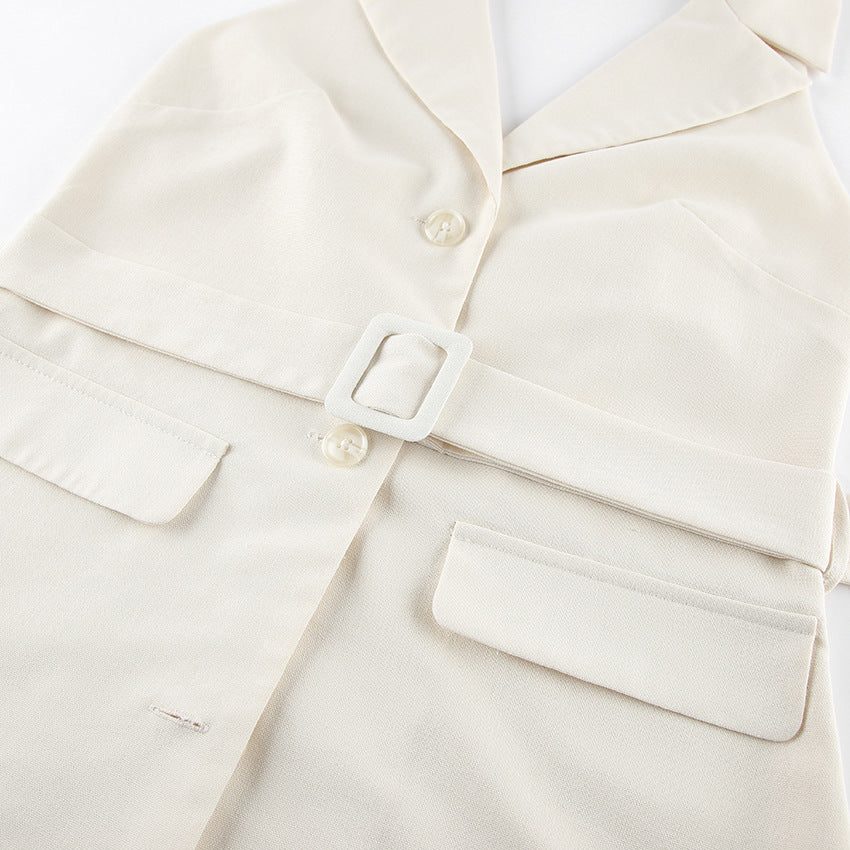 Beige Belted Sleeveless Vest for Meetings Ready and Modern Office Style Women-Vyana Collective