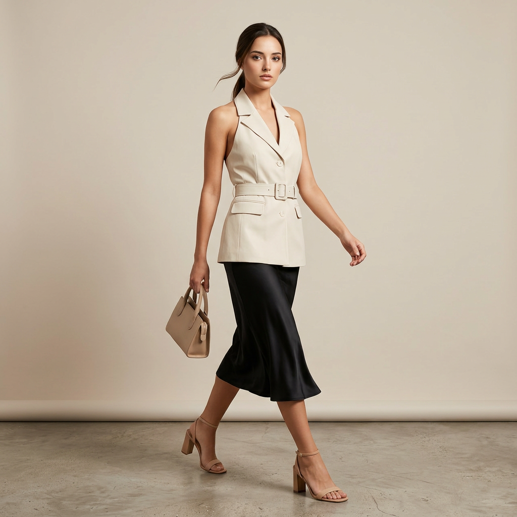 Beige Belted Sleeveless Vest for Meetings Ready and Modern Office Style Women-Vyana Collective