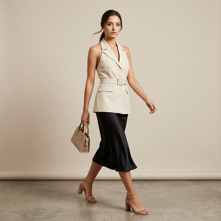 Beige Belted Sleeveless Vest for Meetings Ready and Modern Office Style Women-Vyana Collective