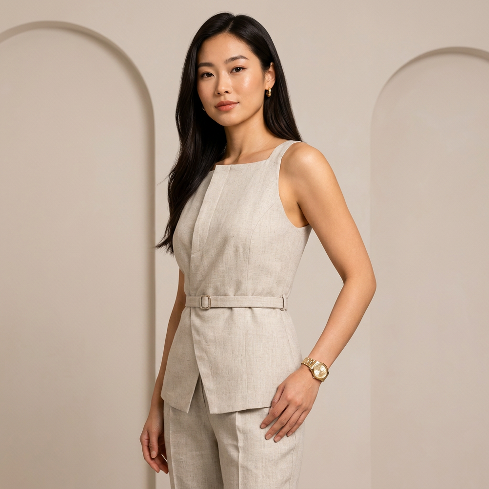 Beige Linen Sleeveless Top and Cropped Pants Set for Women-Vyana Collective