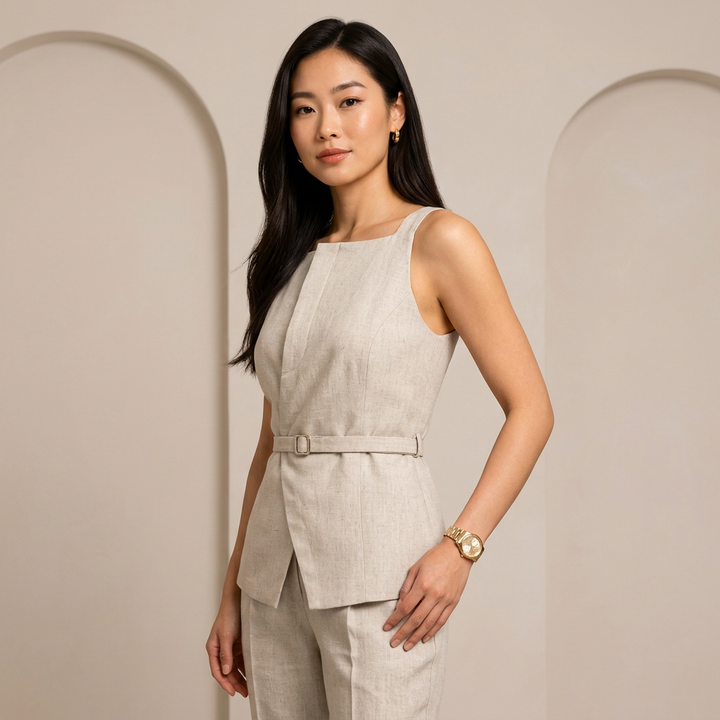 Beige Linen Sleeveless Top and Cropped Pants Set for Women-Vyana Collective
