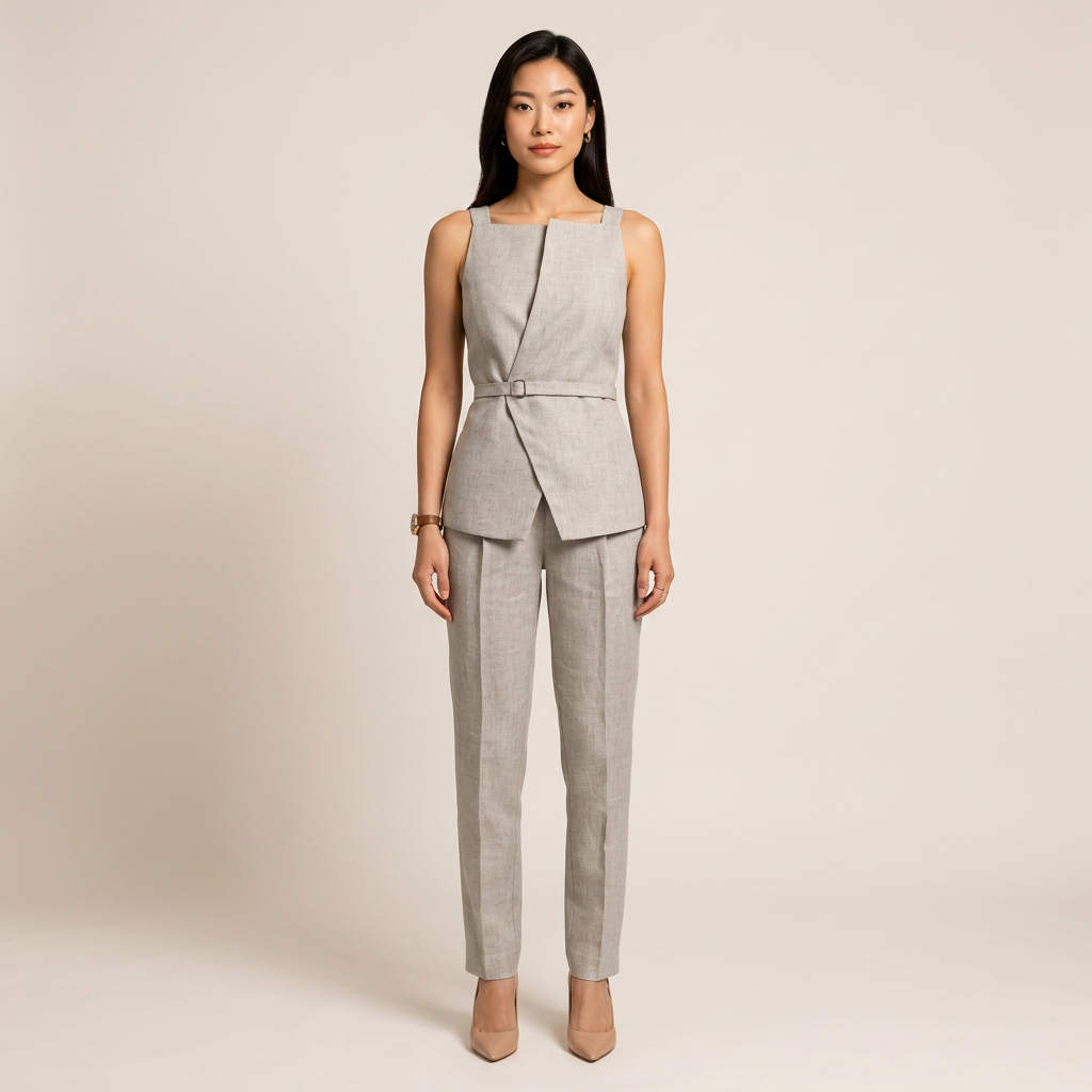 Beige Linen Sleeveless Top and Cropped Pants Set for Women-Vyana Collective