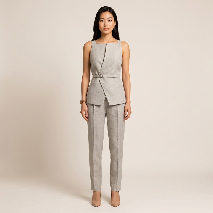 Beige Linen Sleeveless Top and Cropped Pants Set for Women-Vyana Collective