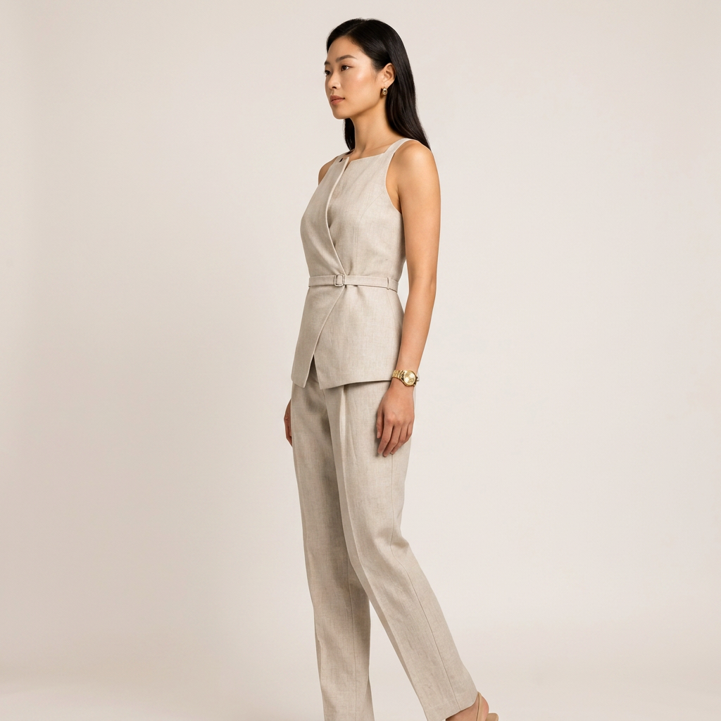 Beige Linen Sleeveless Top and Cropped Pants Set for Women-Vyana Collective
