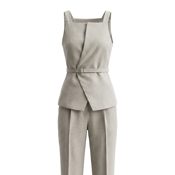 Beige Linen Sleeveless Top and Cropped Pants Set for Women-Vyana Collective
