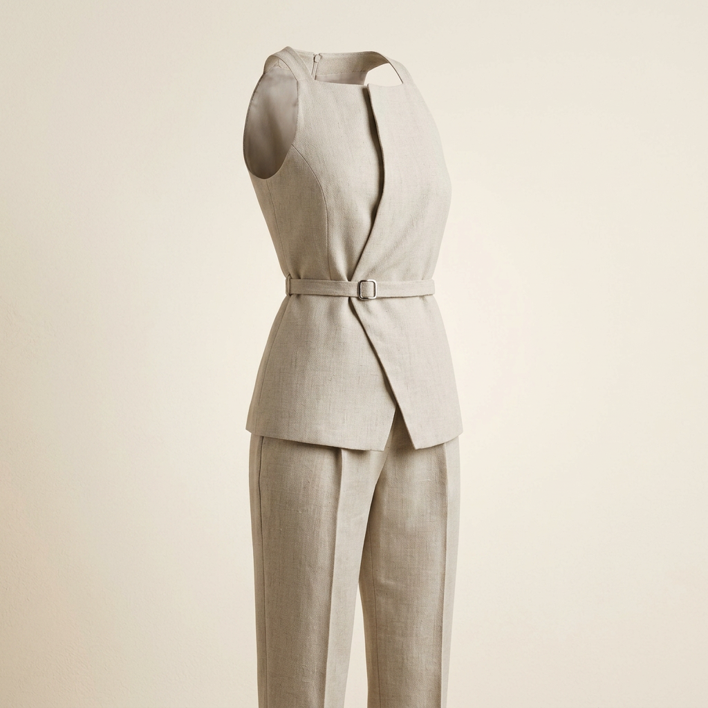Beige Linen Sleeveless Top and Cropped Pants Set for Women-Vyana Collective