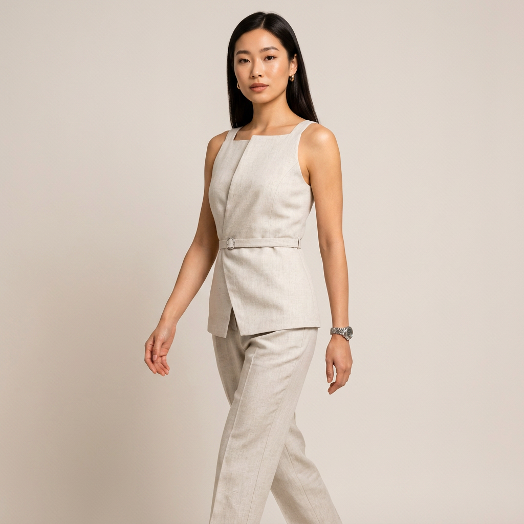 Beige Linen Sleeveless Top and Cropped Pants Set for Women-Vyana Collective