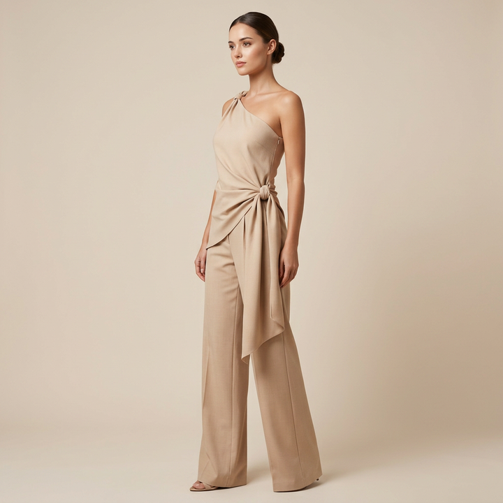 Beige One Shoulder Top and Wide Leg Pants Set for Vacation Ready and Effortless Elegance Women-Vyana Collective
