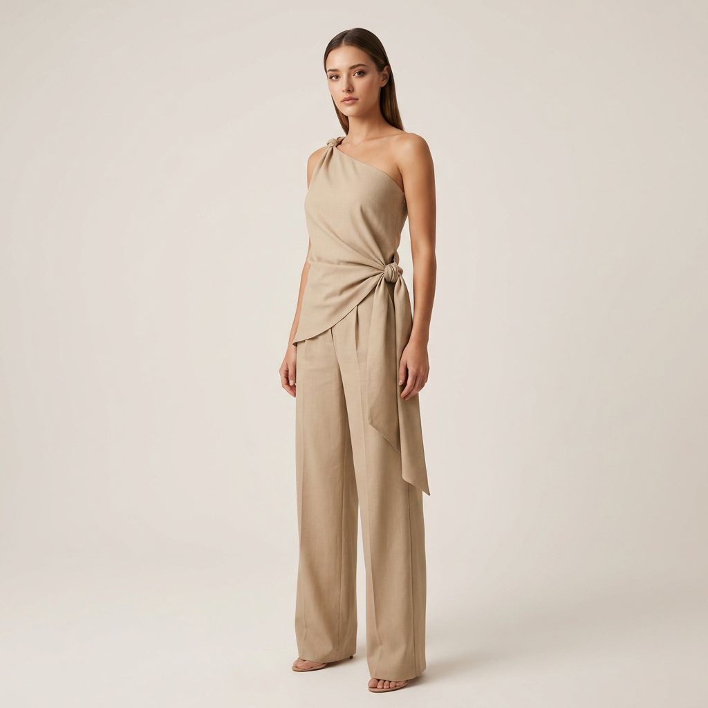 Beige One Shoulder Top and Wide Leg Pants Set for Vacation Ready and Effortless Elegance Women-Vyana Collective