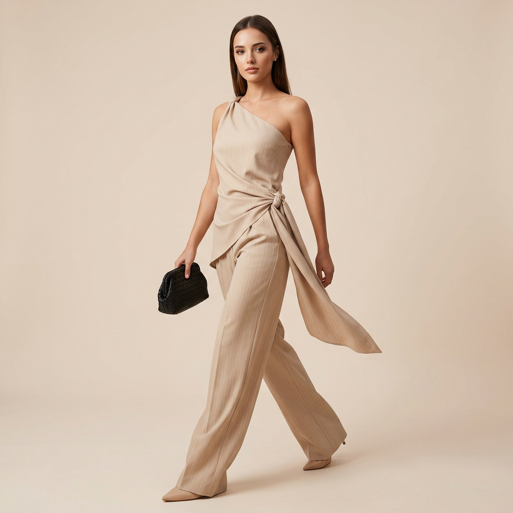 Beige One Shoulder Top and Wide Leg Pants Set for Vacation Ready and Effortless Elegance Women-Vyana Collective
