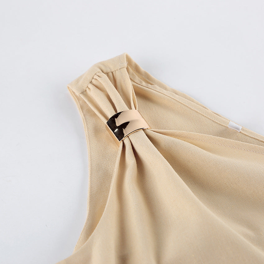 Beige One Shoulder Top and Wide Leg Pants Set for Vacation Ready and Effortless Elegance Women-Vyana Collective
