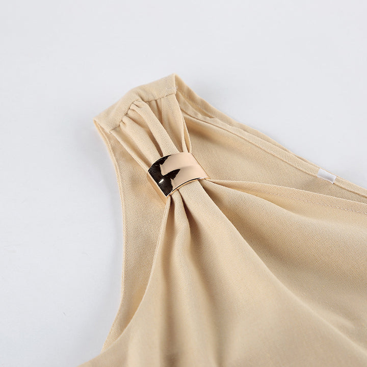 Beige One Shoulder Top and Wide Leg Pants Set for Vacation Ready and Effortless Elegance Women-Vyana Collective