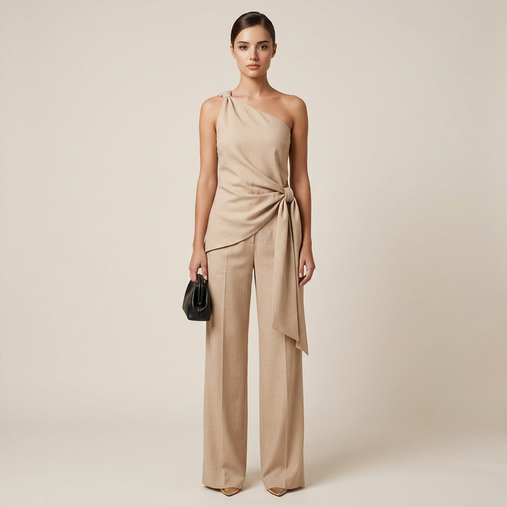 Beige One Shoulder Top and Wide Leg Pants Set for Vacation Ready and Effortless Elegance Women-Vyana Collective