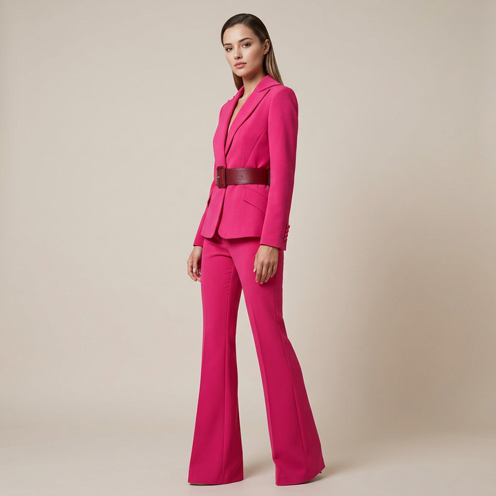 Belted Blazer and Flared Pants Set for Meetings Ready and Executive Elegance Women-Vyana Collective