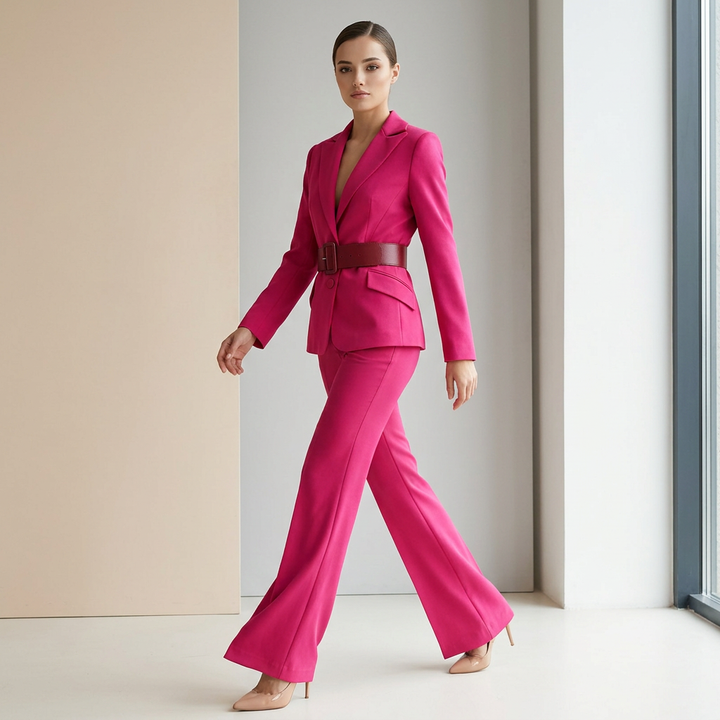 Belted Blazer and Flared Pants Set for Meetings Ready and Executive Elegance Women-Vyana Collective