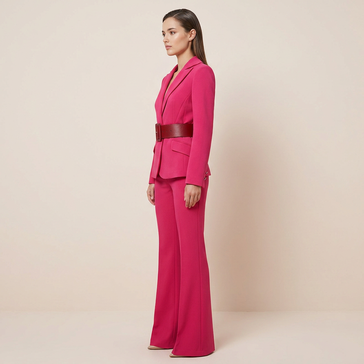 Belted Blazer and Flared Pants Set for Meetings Ready and Executive Elegance Women-Vyana Collective