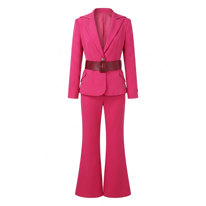 Belted Blazer and Flared Pants Set for Meetings Ready and Executive Elegance Women-Vyana Collective