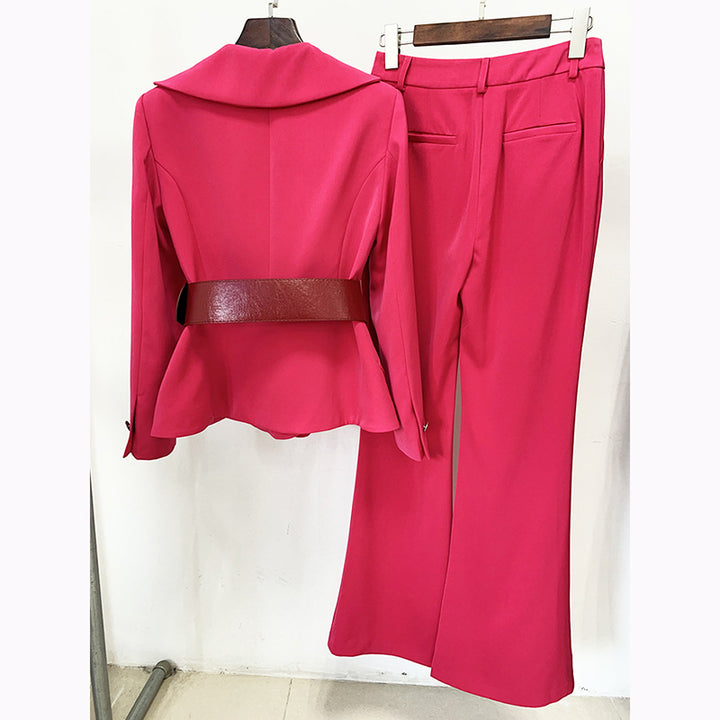Belted Blazer and Flared Pants Set for Meetings Ready and Executive Elegance Women-Vyana Collective