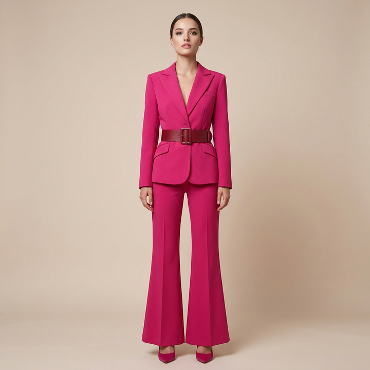 Belted Blazer and Flared Pants Set for Meetings Ready and Executive Elegance Women-Vyana Collective