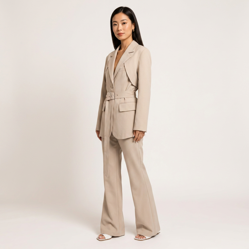 Belted Blazer and High Waist Pants Set for Office Wear-Vyana Collective