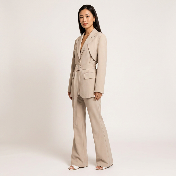 Belted Blazer and High Waist Pants Set for Office Wear-Vyana Collective