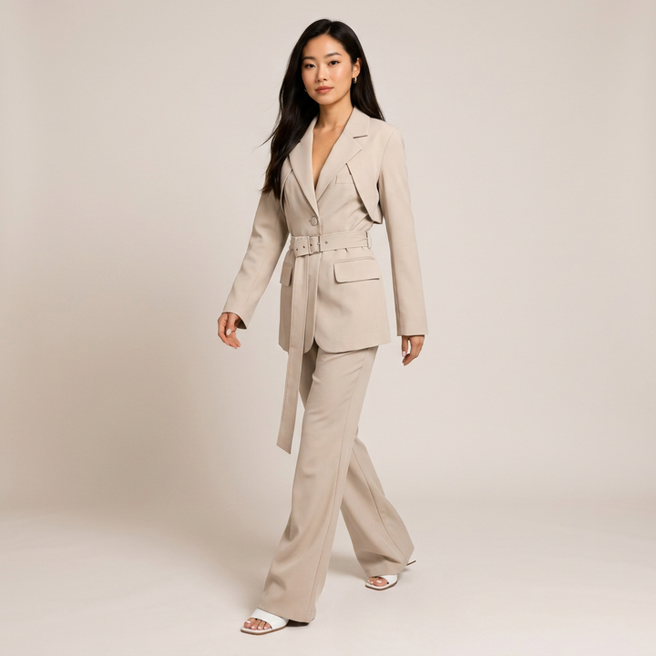 Belted Blazer and High Waist Pants Set for Office Wear-Vyana Collective