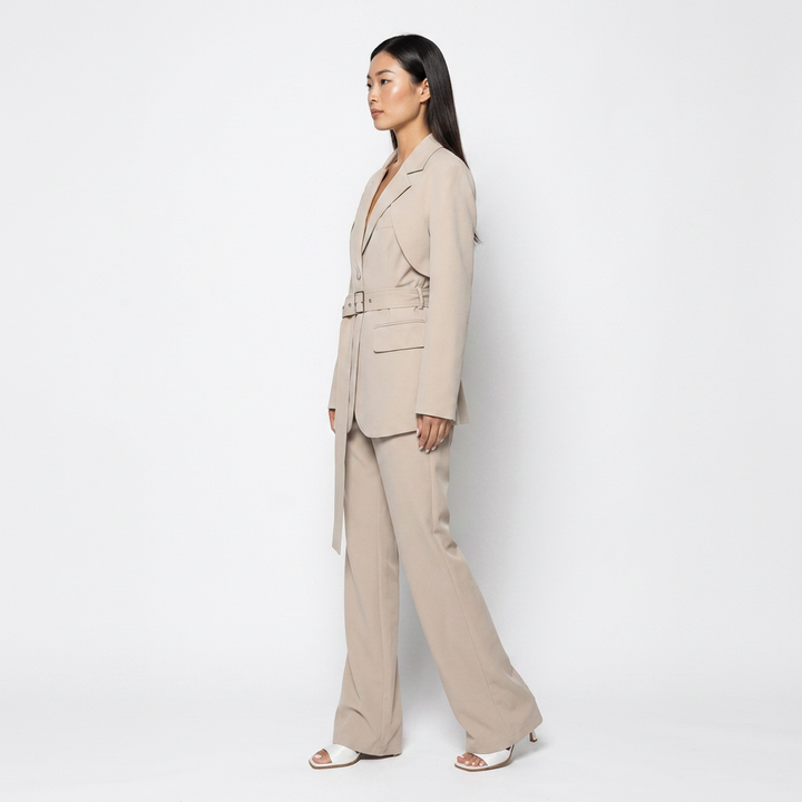 Belted Blazer and High Waist Pants Set for Office Wear-Vyana Collective