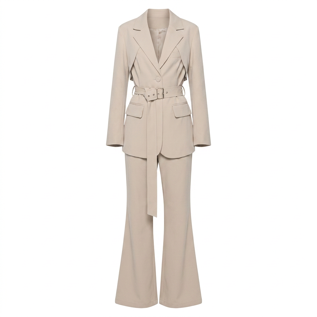 Belted Blazer and High Waist Pants Set for Office Wear-Vyana Collective