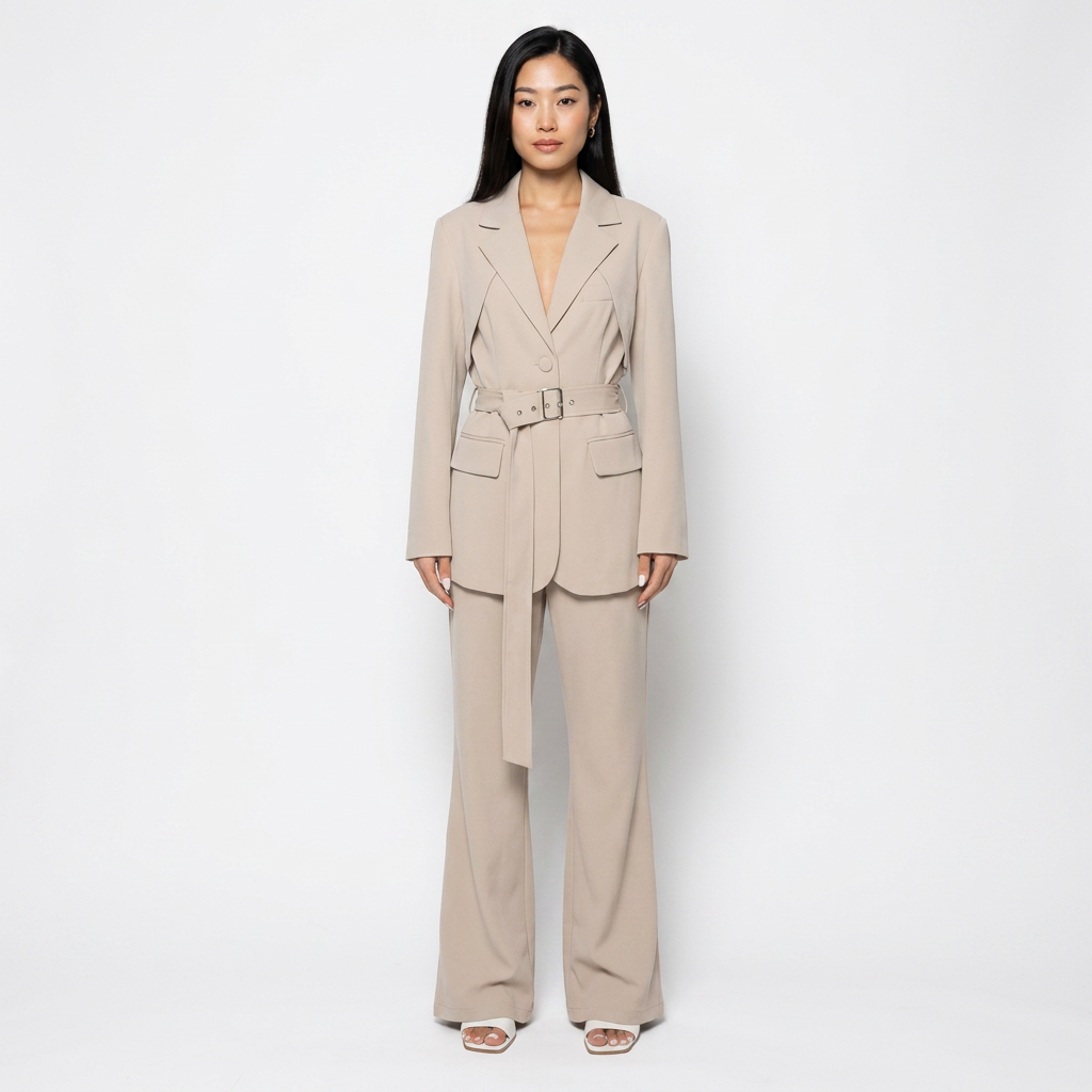 Belted Blazer and High Waist Pants Set for Office Wear-Vyana Collective