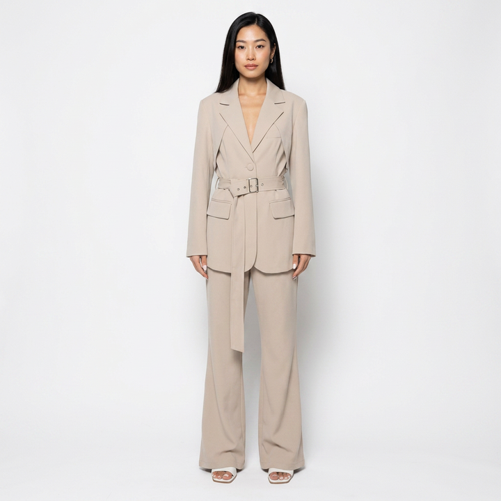 Belted Blazer and High Waist Pants Set for Office Wear-Vyana Collective