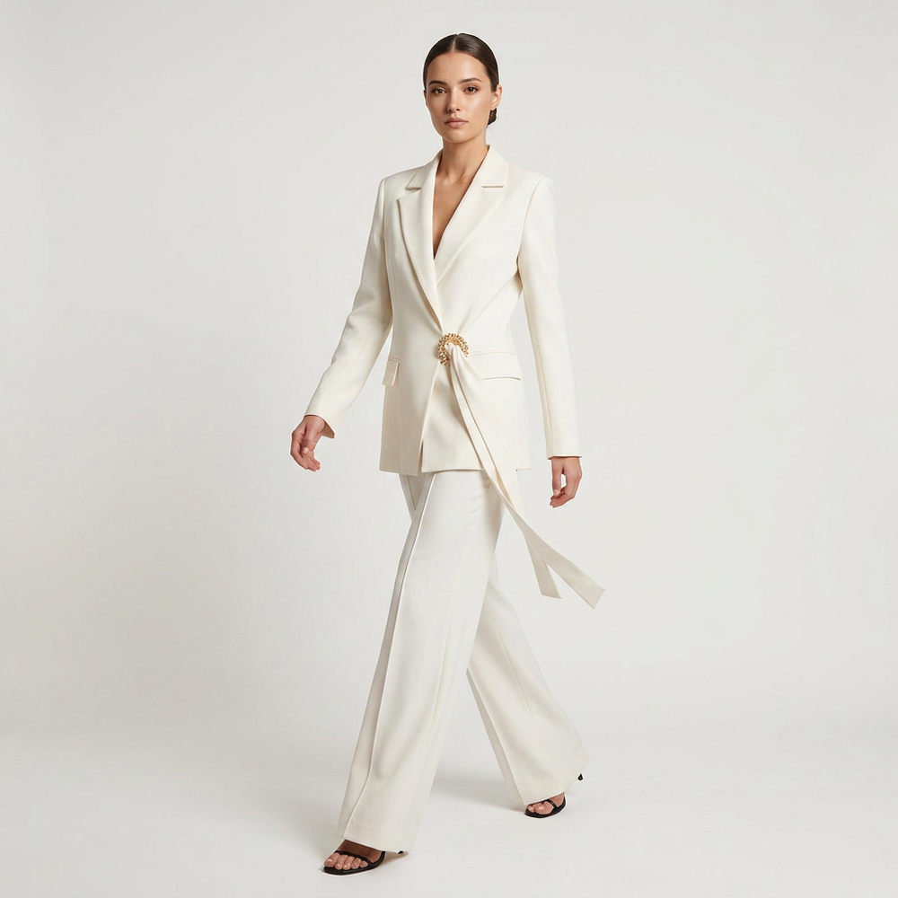 Belted Blazer and Wide Leg Pants Set for Meetings Ready and Modern Executive Elegance Women-Vyana Collective