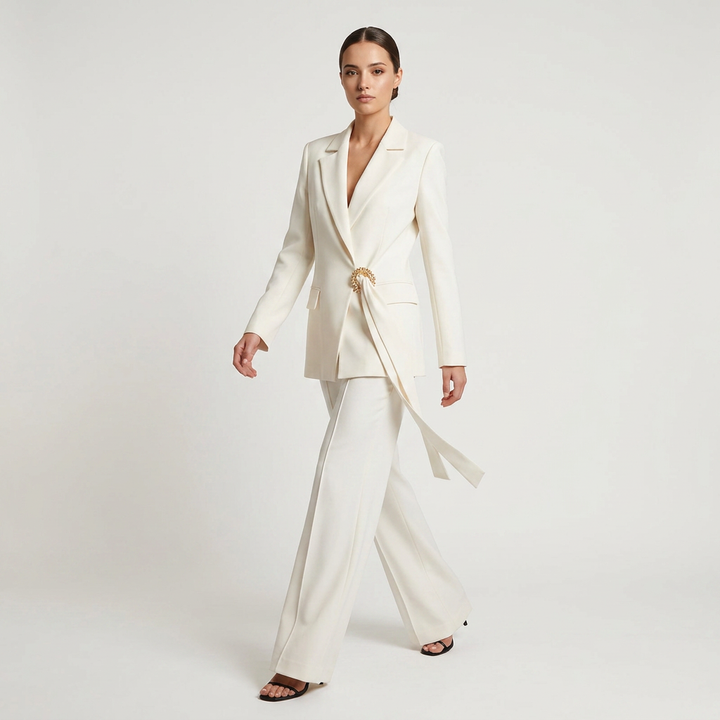 Belted Blazer and Wide Leg Pants Set for Meetings Ready and Modern Executive Elegance Women-Vyana Collective