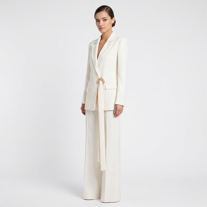 Belted Blazer and Wide Leg Pants Set for Meetings Ready and Modern Executive Elegance Women-Vyana Collective