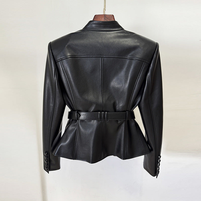Belted Faux Leather Tailored Jacket for Friday Night Vibes and Statement Street Style Women-Vyana Collective