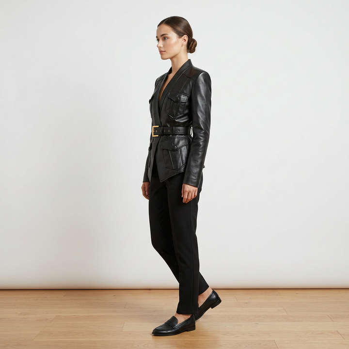 Belted Faux Leather Tailored Jacket for Friday Night Vibes and Statement Street Style Women-Vyana Collective