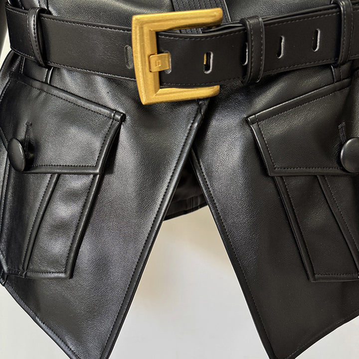 Belted Faux Leather Tailored Jacket for Friday Night Vibes and Statement Street Style Women-Vyana Collective
