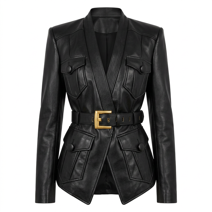 Belted Faux Leather Tailored Jacket for Friday Night Vibes and Statement Street Style Women-Vyana Collective