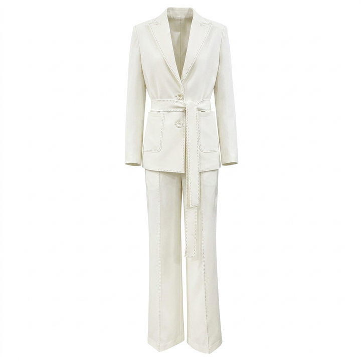 Belted Tailored Blazer and Wide Leg Pants Set with Contrast Stitching for Meetings Ready and Executive Elegance Women-Vyana Collective