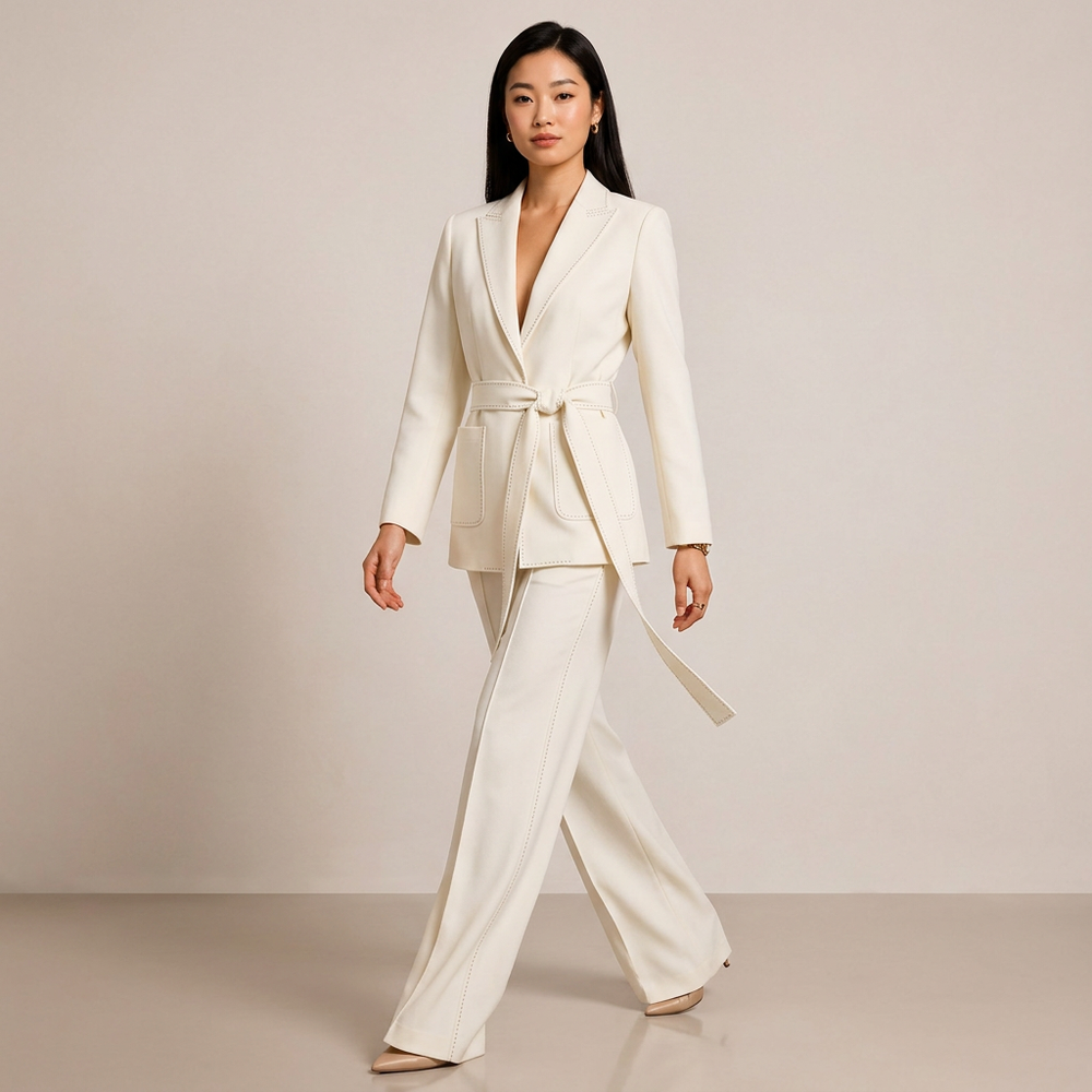 Belted Tailored Blazer and Wide Leg Pants Set with Contrast Stitching for Meetings Ready and Executive Elegance Women-Vyana Collective