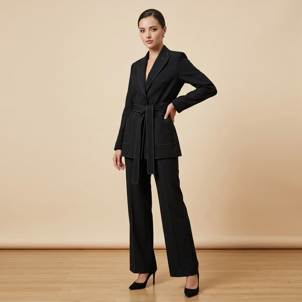 Belted Tailored Blazer and Wide Leg Pants Set with Contrast Stitching for Meetings Ready and Executive Elegance Women-Vyana Collective